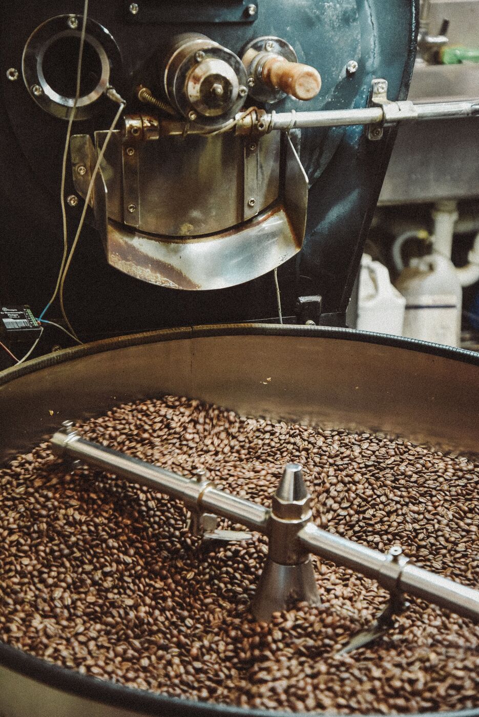 Beans turning in a coffee roaster